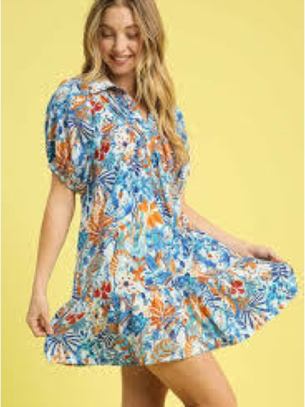 Umgee Blue Floral Short Tiered Dress with Orange Accents